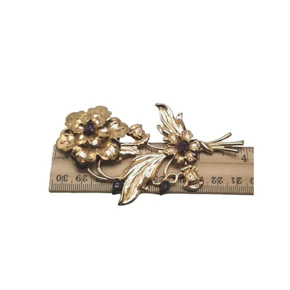 Sterling Silver Purple Rhinestone Flower Brooch Pin Gold Vermeil Vintage - Picture 6 of 6